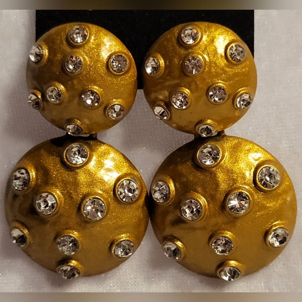 Source Unknown Gold-Tone Dome Earrings with Clear Rhinestones